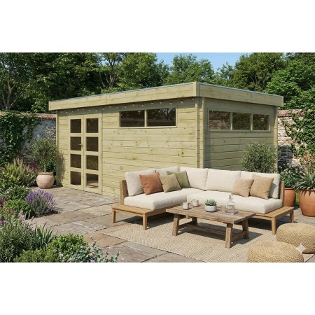 Abri de jardin 15m2 - 505x295cm - 44mm - Imprégnation verte - Toit plat