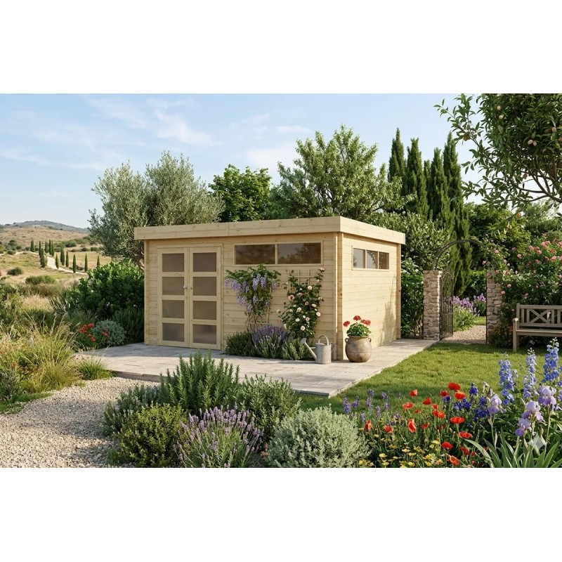 Abri de jardin 15m2 - 415x385cm - 44mm - Imprégnation verte - Toit plat