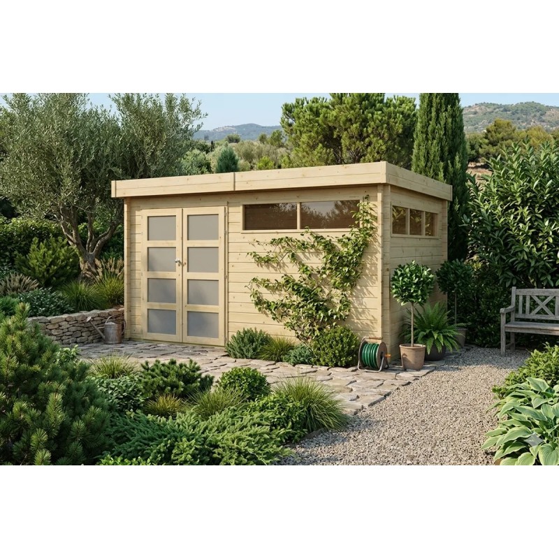 Abri de jardin 12m2 - 415x295cm - 44mm - Imprégnation verte - Toit plat