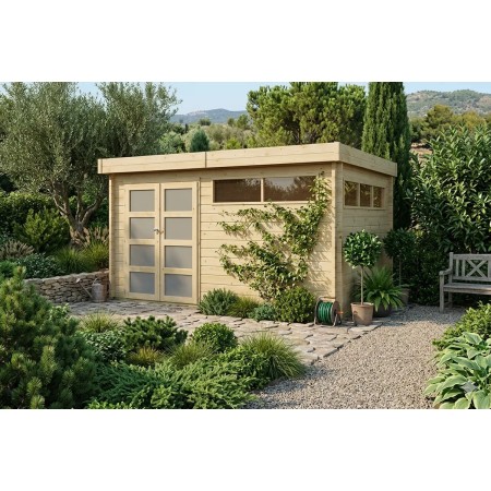 Abri de jardin 12m2 - 415x295cm - 44mm - Imprégnation verte - Toit plat
