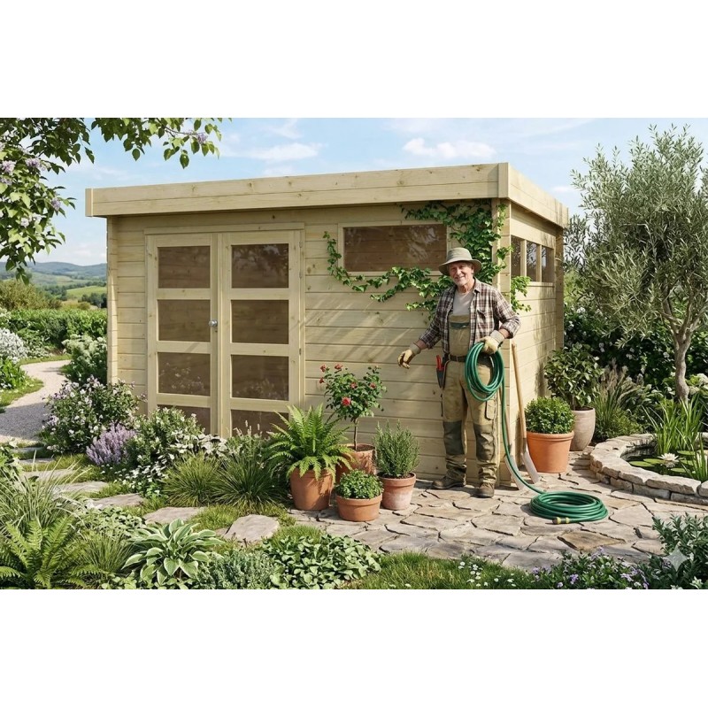 Abri de jardin 10m2 - 355x295cm - 44mm - Imprégnation verte