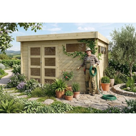Abri de jardin 10m2 - 355x295cm - 44mm - Imprégnation verte