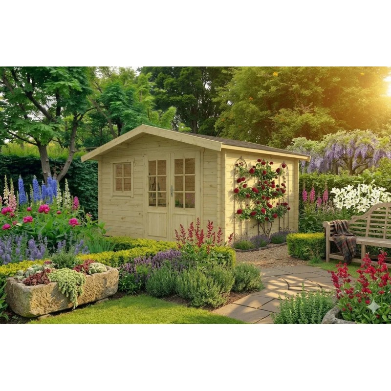 Chalet en bois Fritz 360x360 avec double porte et bars géorgiens