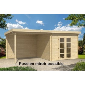 Chalet en bois 7,8+7,8m2 HENRI 298x582cm - 28mm - Abri + terrasse Chalet en bois 18m2 298x582cm HATTEM TUINDECO