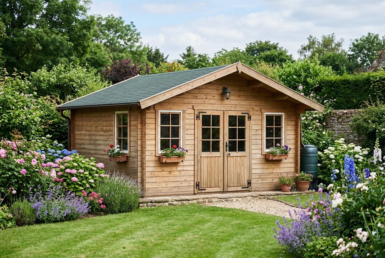 Abri de jardin en bois 20m2 en bois clair, double porte et fenêtres, entouré de fleurs et de verdure dans un jardin.