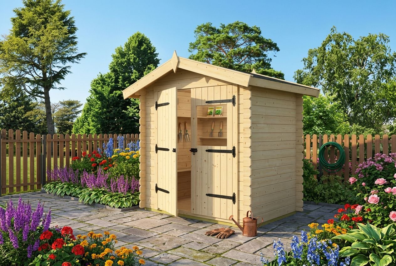 Abri de jardin en bois compact installé sur une terrasse en pierre dans un jardin fleuri.