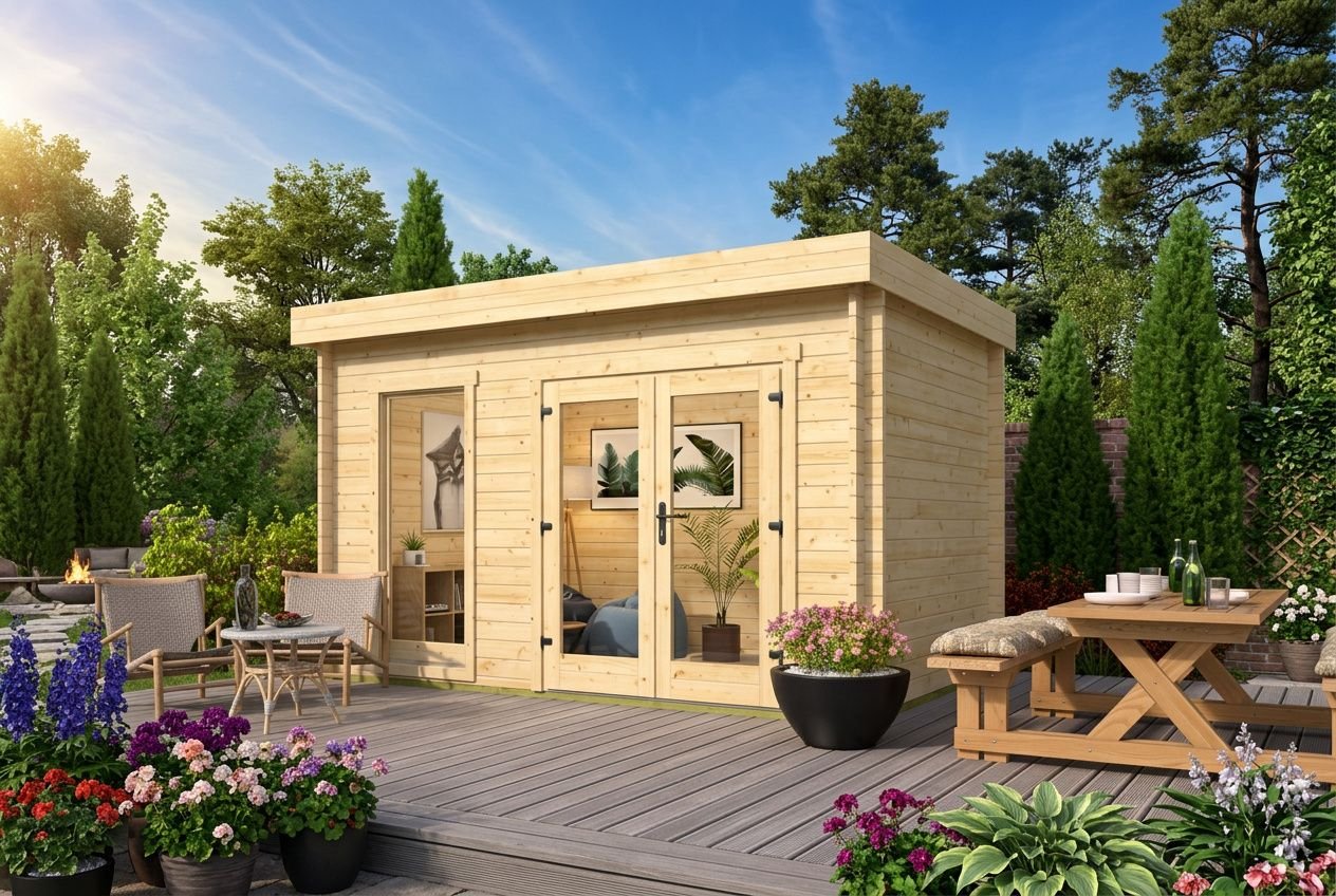 Abri de jardin en bois composite sur terrasse entouré de buis et fleurs, avec mobilier d’extérieur et plantes décoratives. abri de jardin composite intégré.