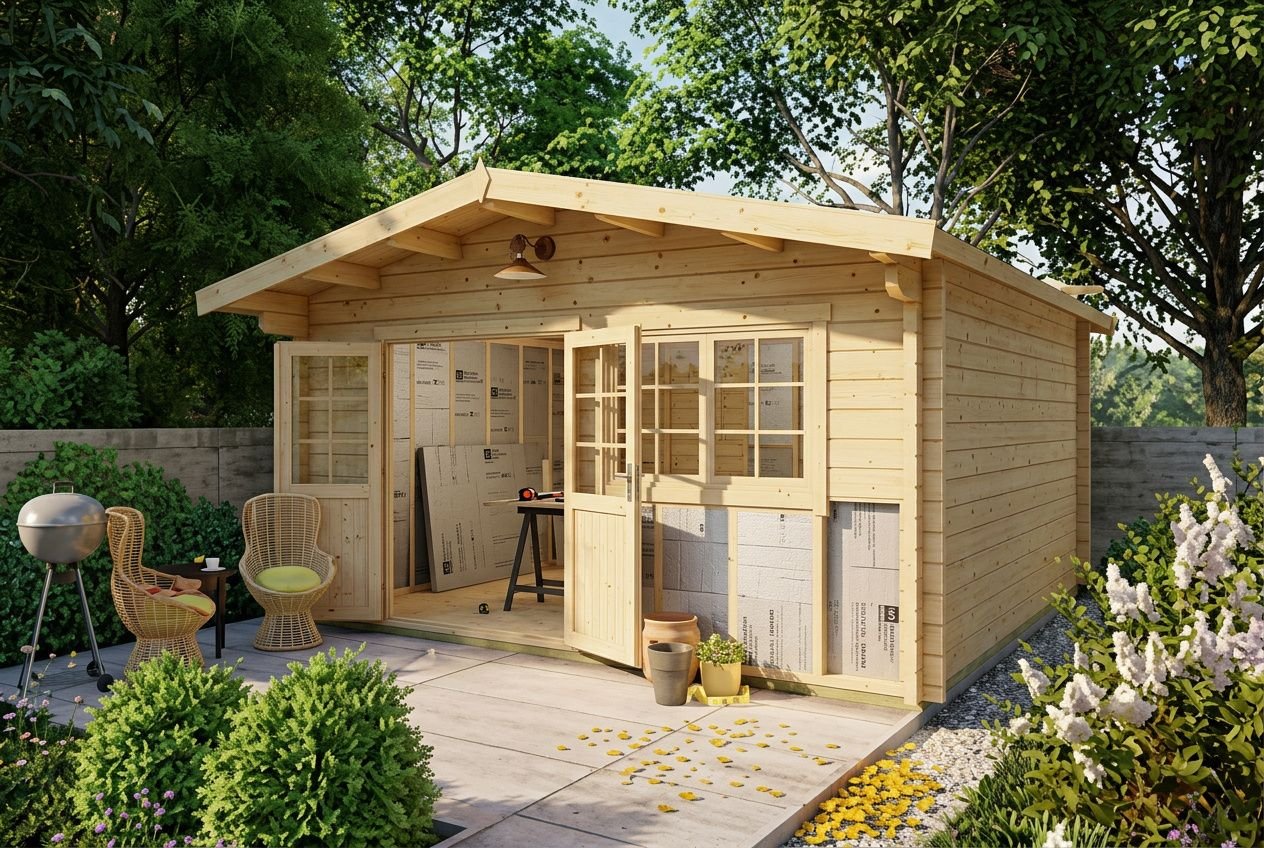 Abri de jardin en bois habitable de style chalet, façade ouverte avec portes et fenêtres, entouré de jardin et meubles de terrasse. abri de jardin habitable 40 m2