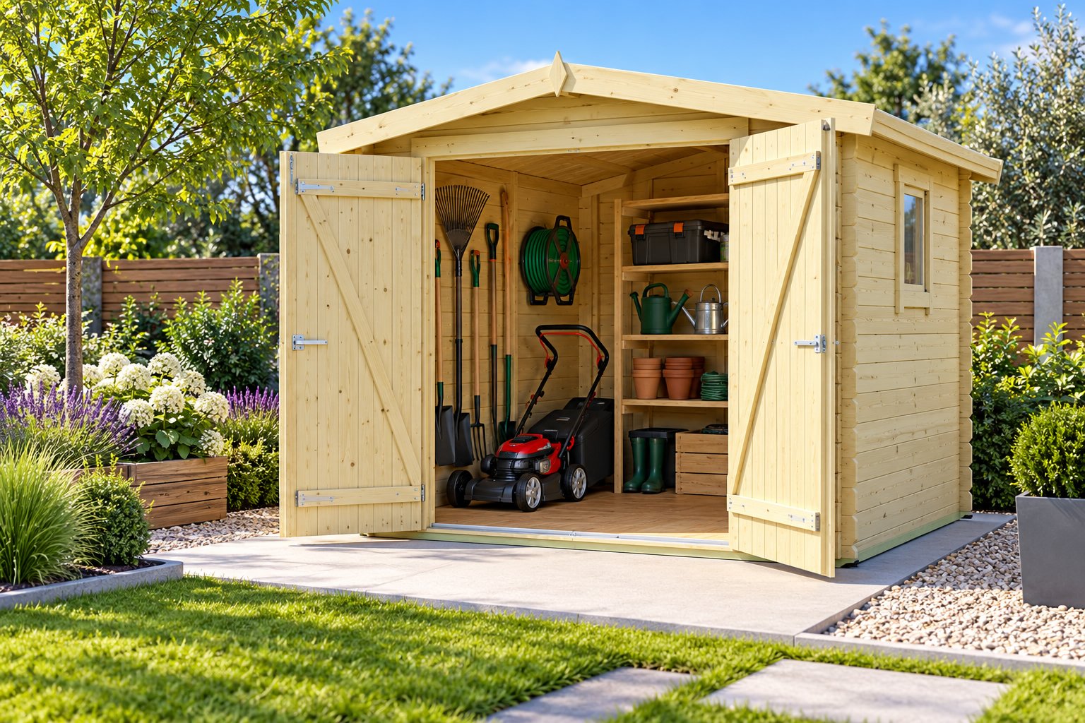 Abri de jardin en bois ouvert montrant des outils, un taille-haie et des étagères rangées à l’intérieur.