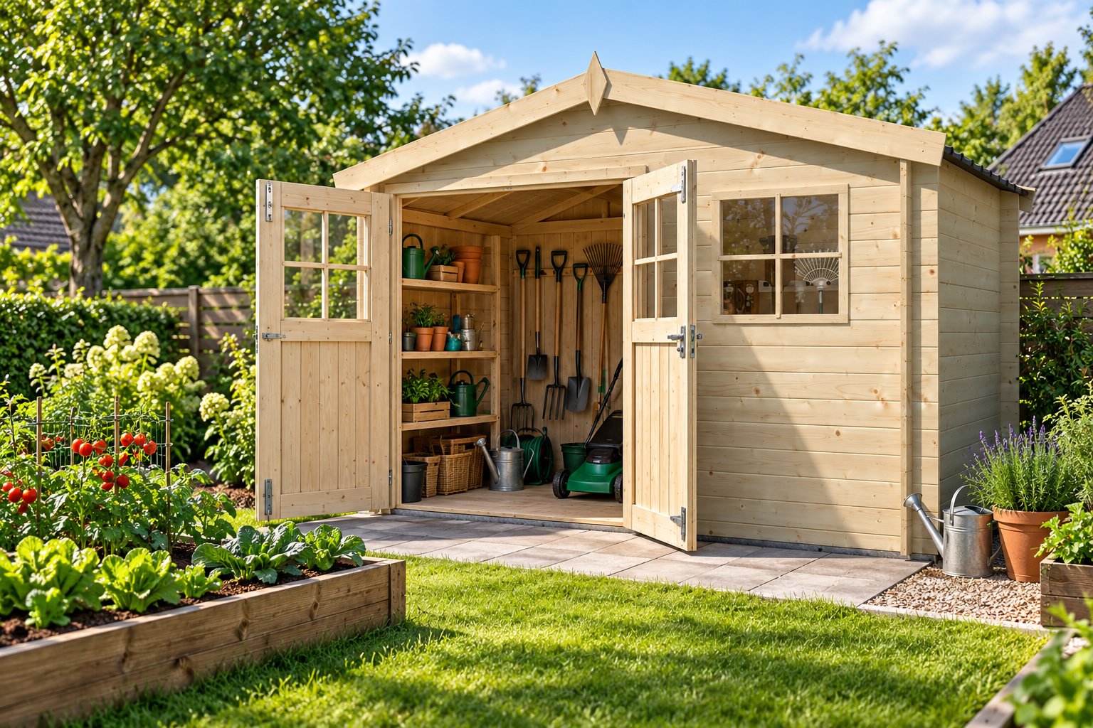 Abri de jardin en bois avec portes ouvertes et outils rangés à l’intérieur.