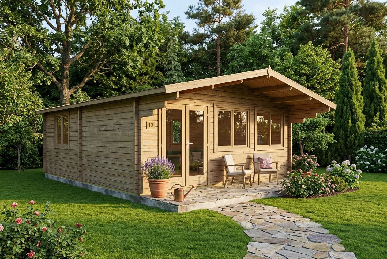 Abri de jardin en bois avec terrasse couverte installé dans un jardin verdoyant.