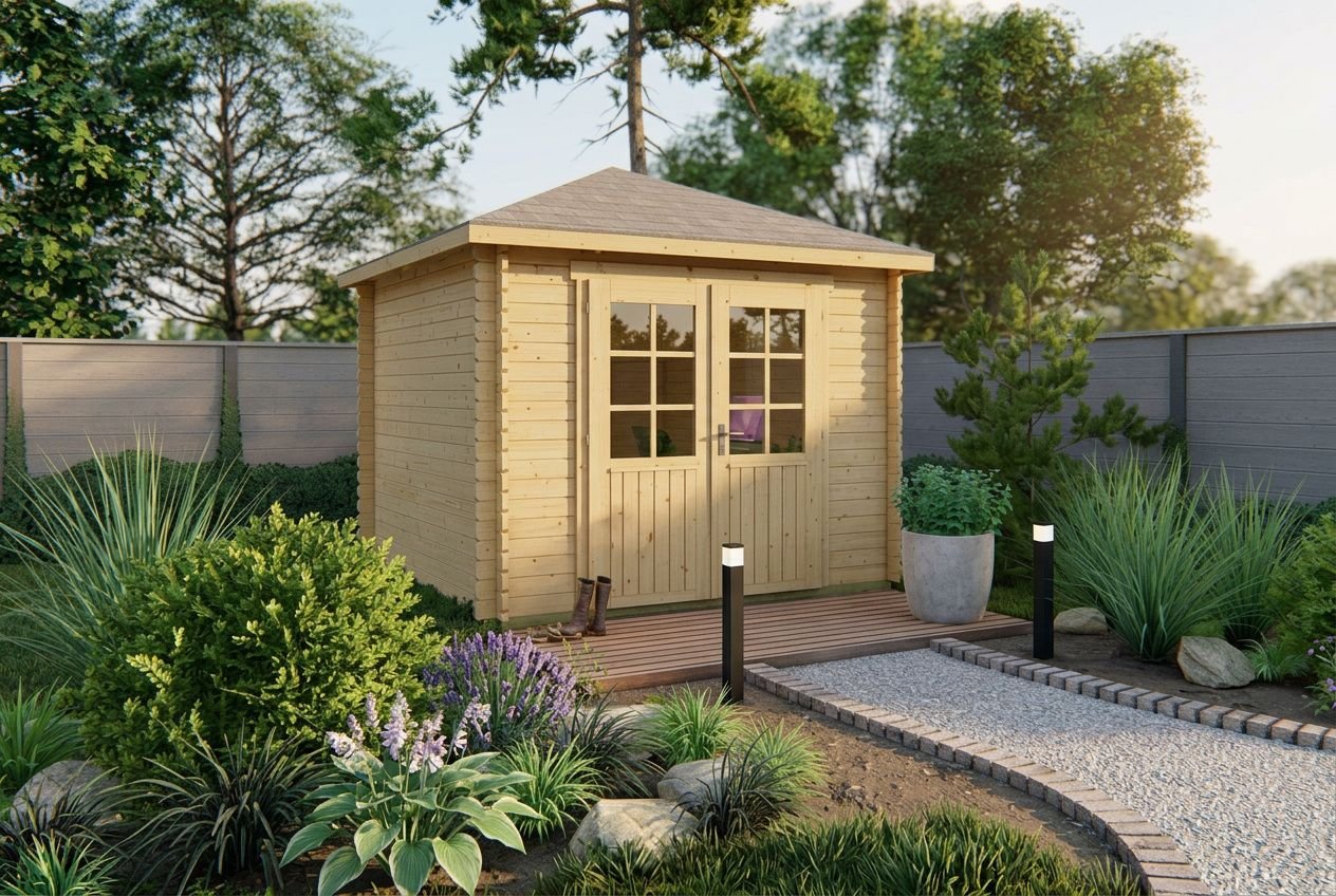 Abri de jardin en bois avec toit à quatre pans installé dans un jardin verdoyant avec terrasse en bois et allée en gravier.