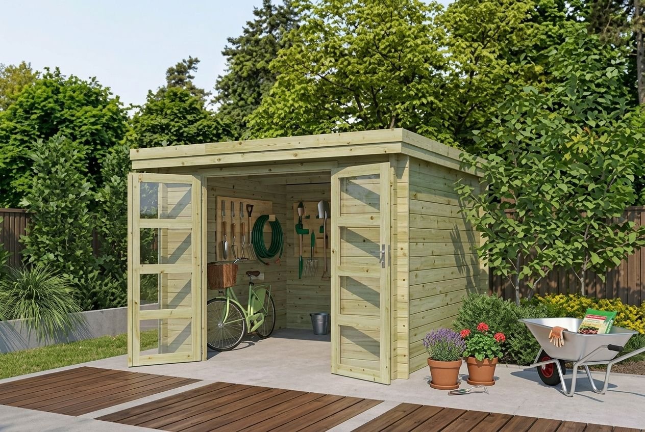 Abri de jardin en bois avec toit plat installé sur une terrasse, portes ouvertes révélant des outils rangés à l'intérieur.