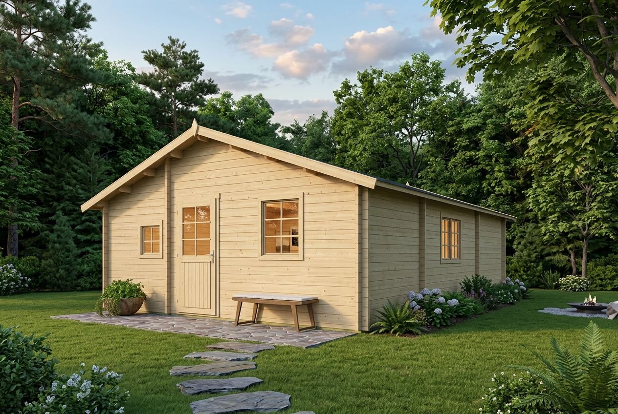 Abri de jardin habitable 40 m2 en bois clair, toit à deux pentes, porte et fenêtres, entouré de pelouse et de végétation, chemin en pierre menant à l’entrée.