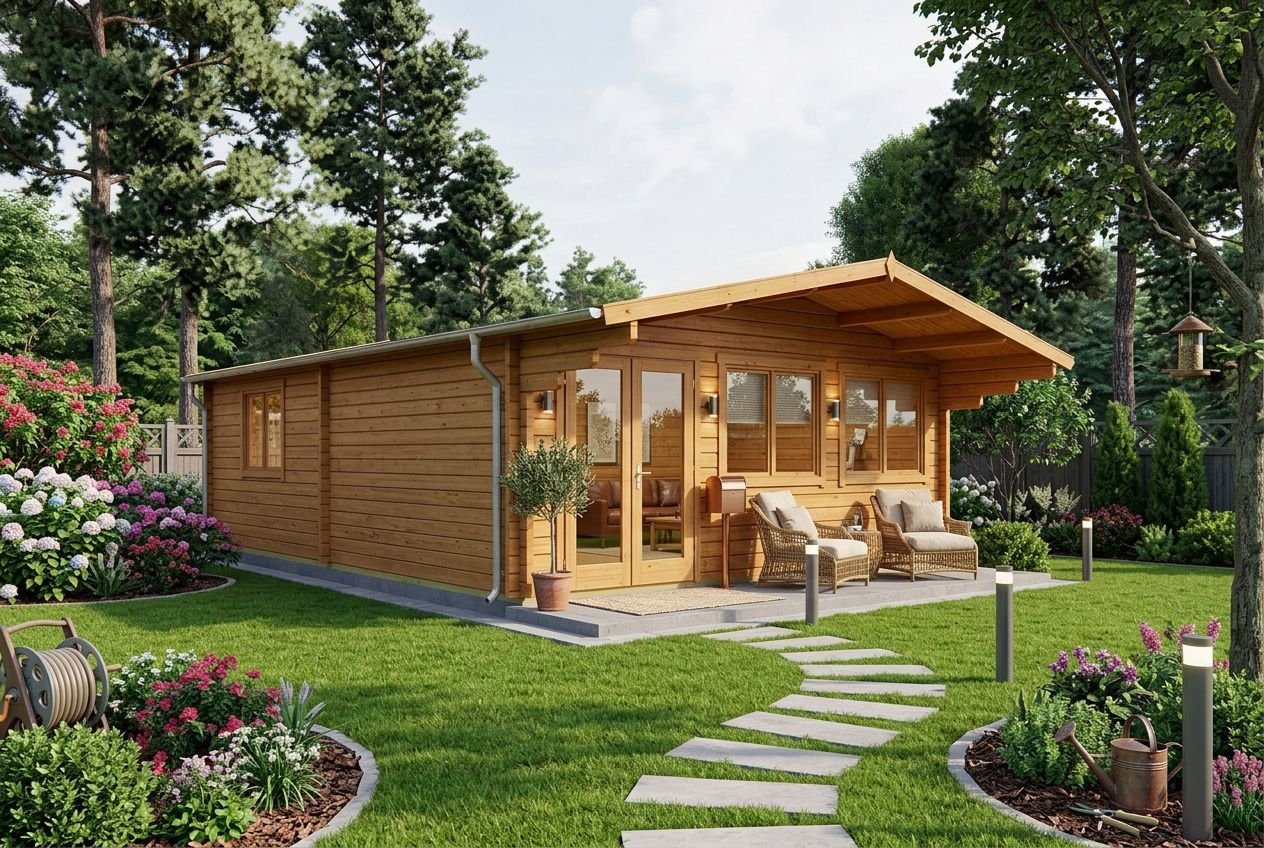 Abri de jardin habitable 40 m2 en bois élégant avec terrasse, entouré de gazon et de jardins fleuris, chemin en pierre menant à l’entrée.