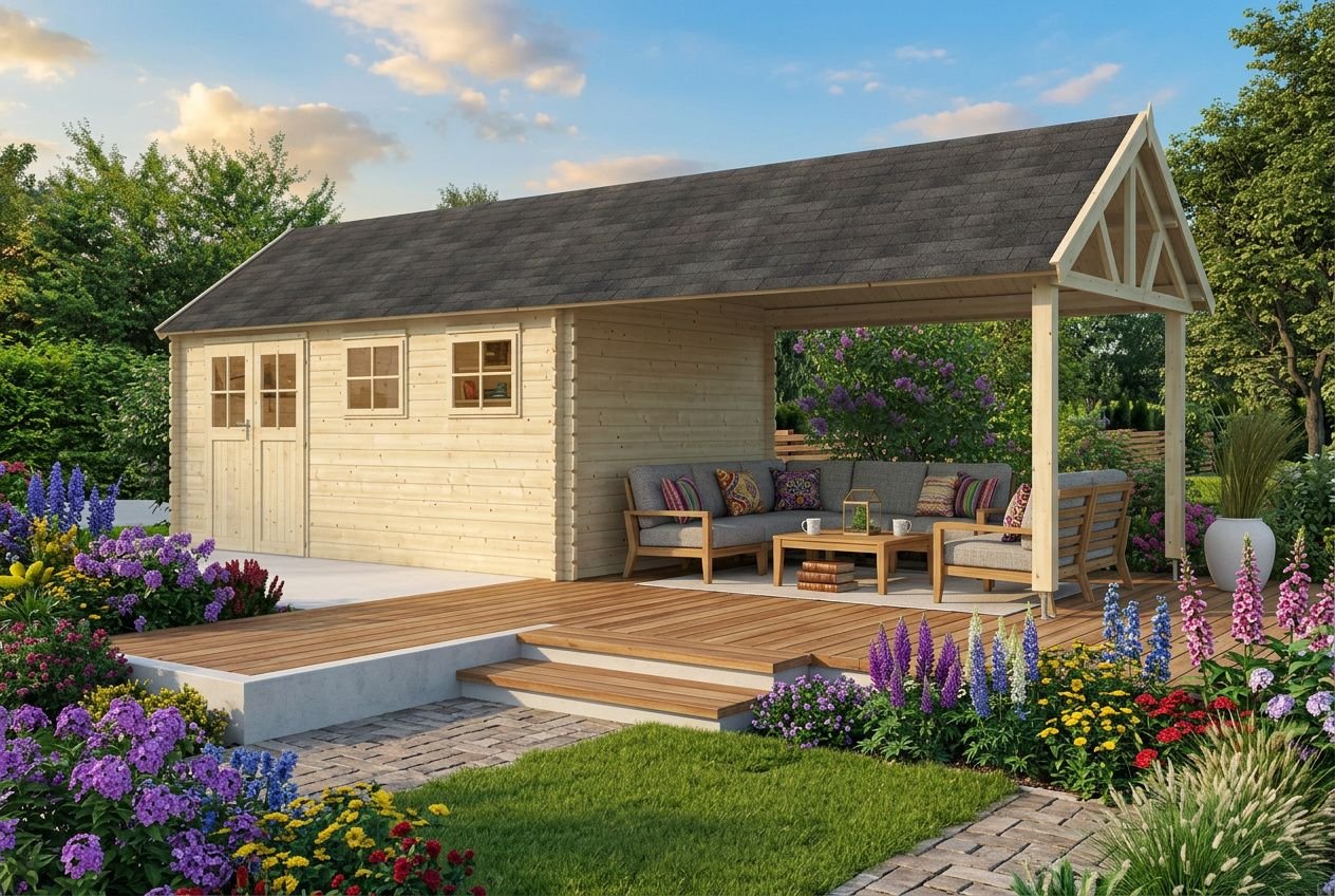 Abris de jardin en bois lumineux avec terrasse intégrée, façades en bois clair, porte et fenêtres, coin salon extérieur sous un auvent. Jardin fleuri autour.