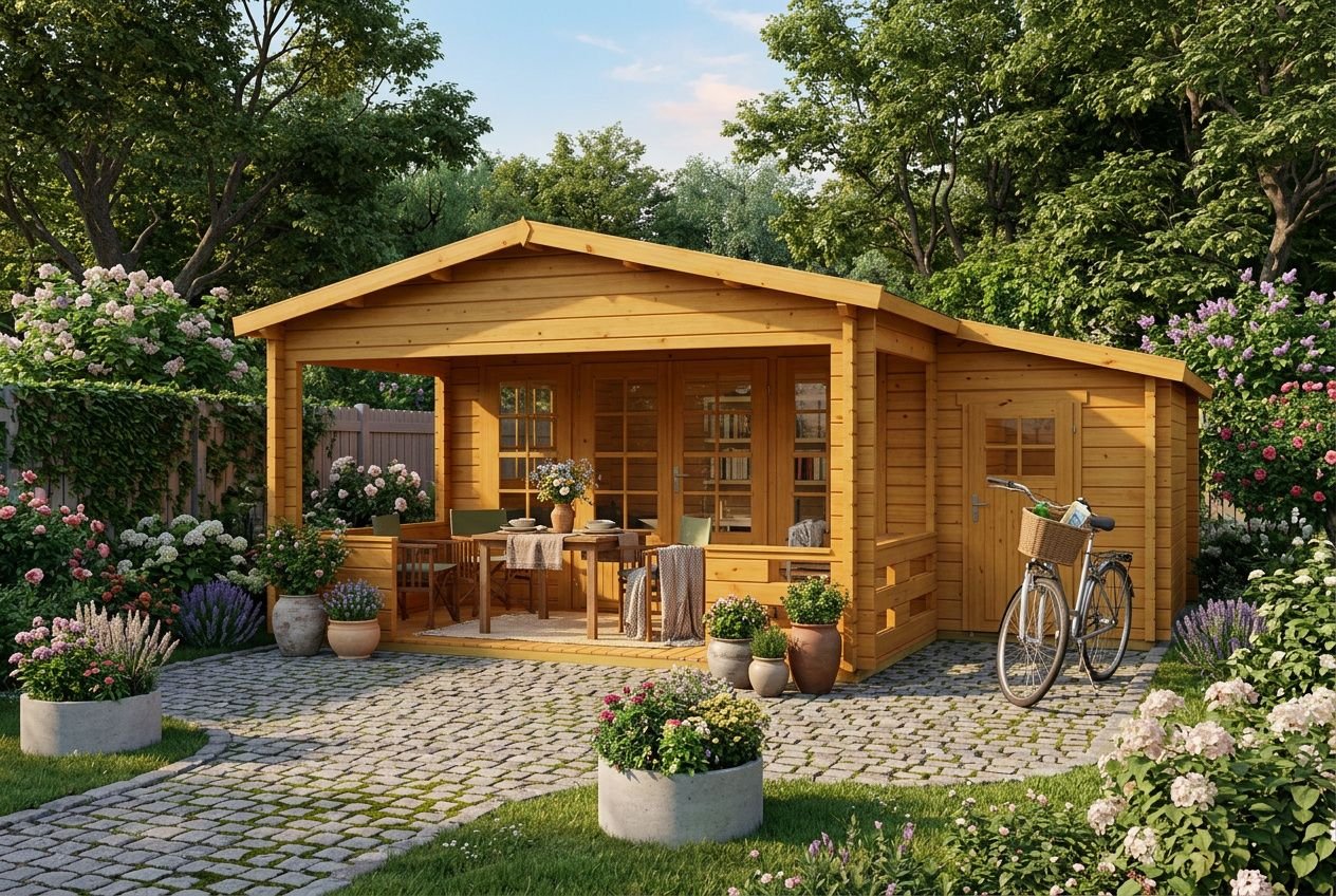 Abris de jardin habitables en bois, chalet de jardin avec terrasse et mobilier, entouré de fleurs et d’un vélo au côté.