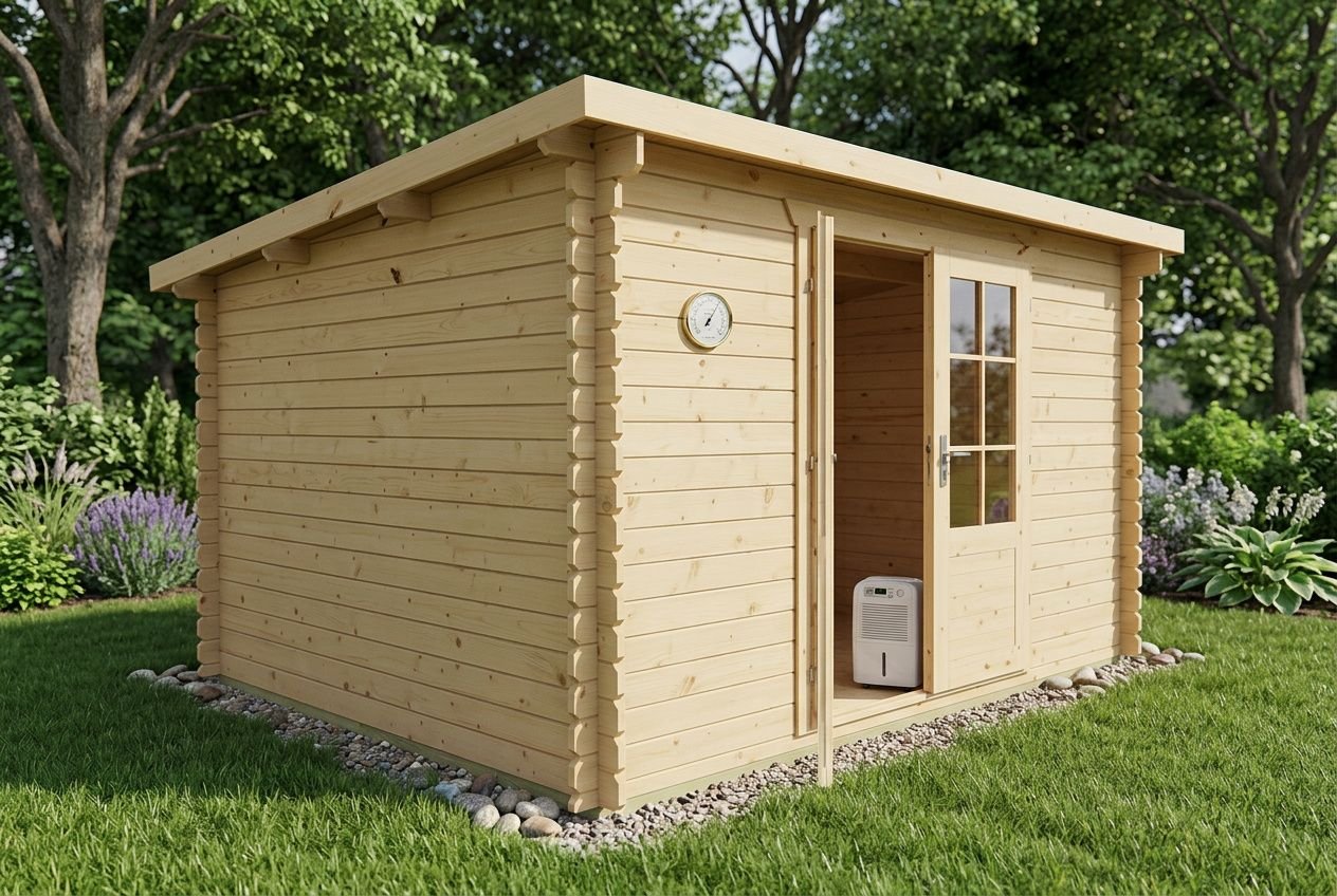 Aération chalet jardin: petit chalet en bois sans ouverture visible, porte entrouverte et équipement intérieur, situé sur pelouse entourée de verdure.