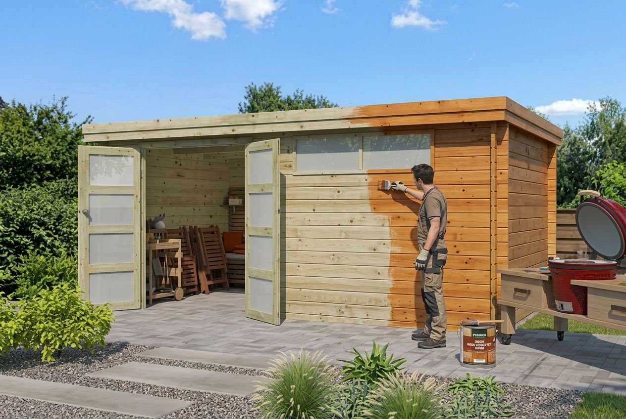 Agent appliquant une teinture sur un abri de jardin en bois, entouré d’un jardin, avec outillage et tonneau à côté.