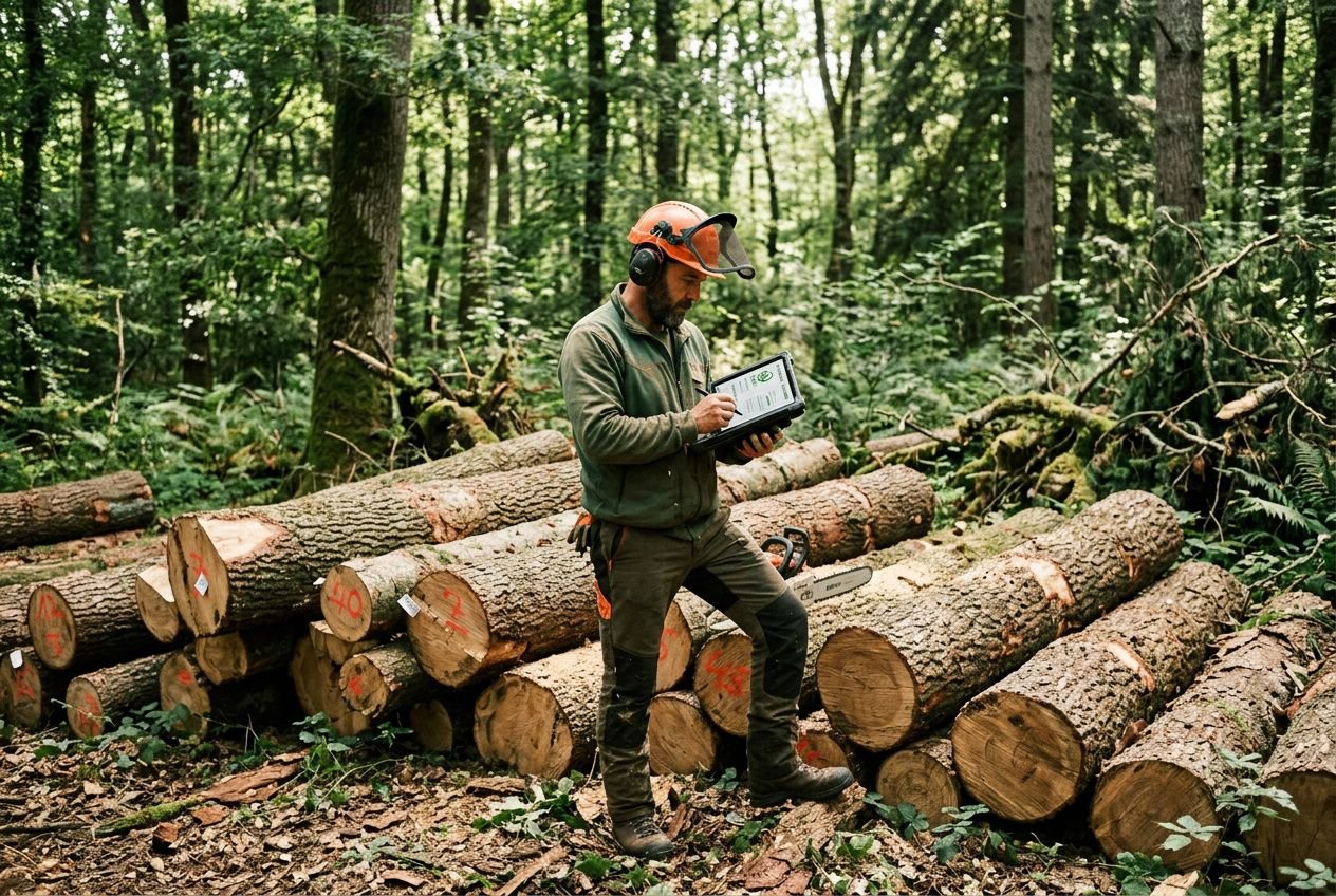 Agent forestier analysant des troncs bois certifié FSC PEFC en milieu forestier, avec tablette de diagnostic et casque de sécurité. Bois certifié fsc pefc.