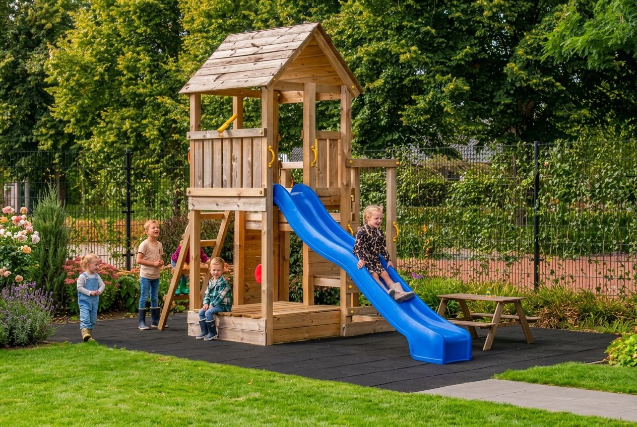 Aire de jeux enfants jardin en bois avec toboggan bleu et structure élevé, enfants qui jouent autour sur le sol souple, cadre extérieur verdoyant.