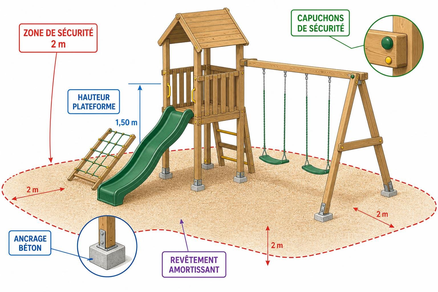 Aire de jeux enfants jardin avec structure bois, toboggan vert, balançoires et ponts, entouré d’un amortissant, zone sécurité 2 m.