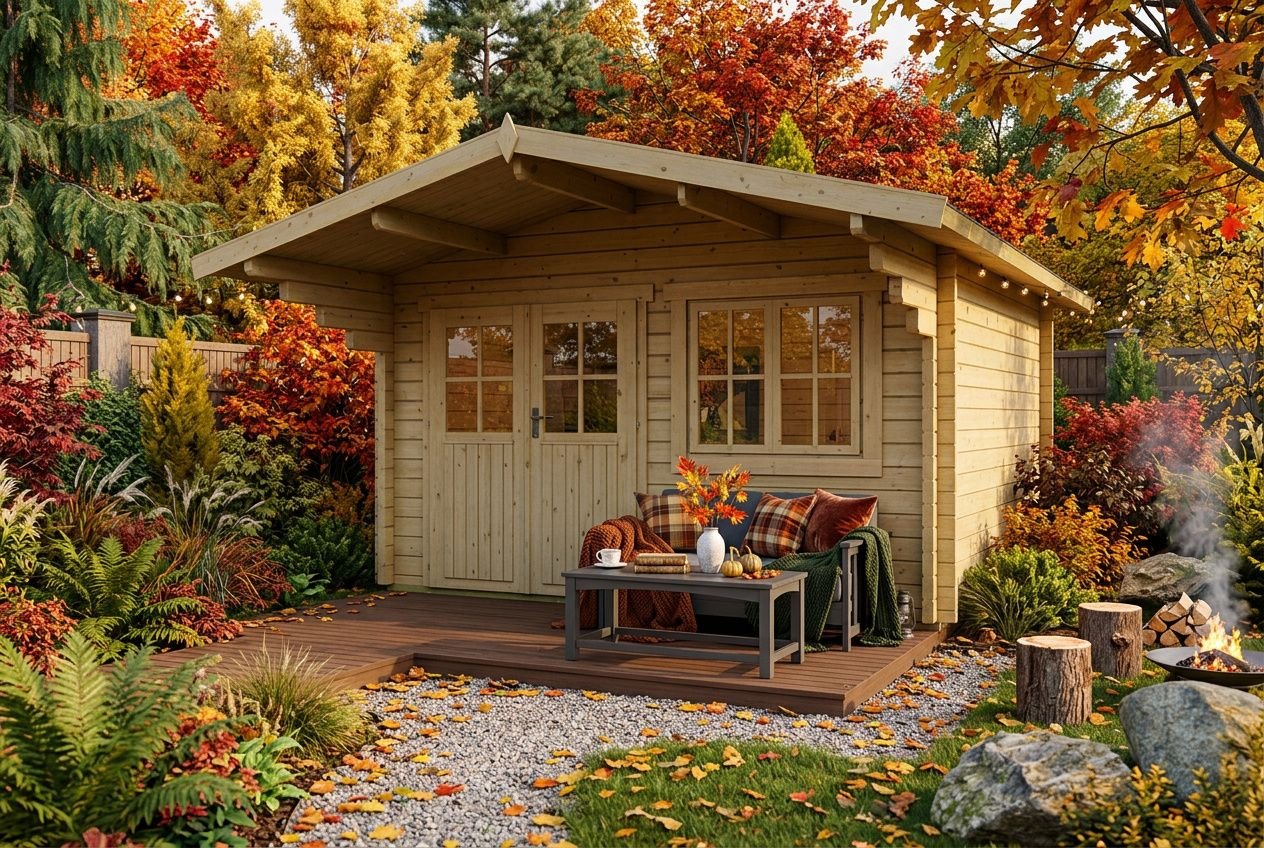 Aménagement petit chalet bois: chalet en bois entouré d’automne, terrasse avec canapé et table, feu de camp et jardins chaleureux.