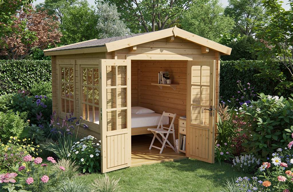 Aménagement petit chalet: petit chalet en bois ouvert sur un jardin fleuri, intérieur avec lit et bureau.