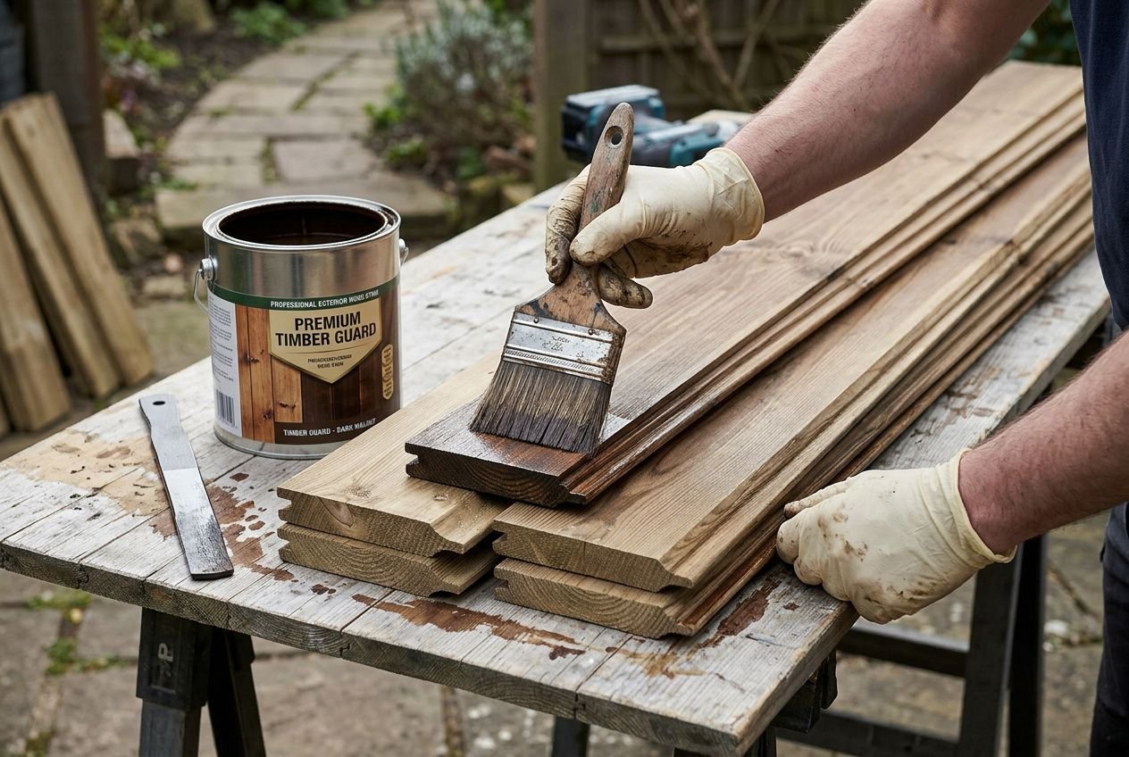 Application lasure bois extérieur : homme appliquant une lasure sur des planches de bois extérieur avec pinceau sur une table.