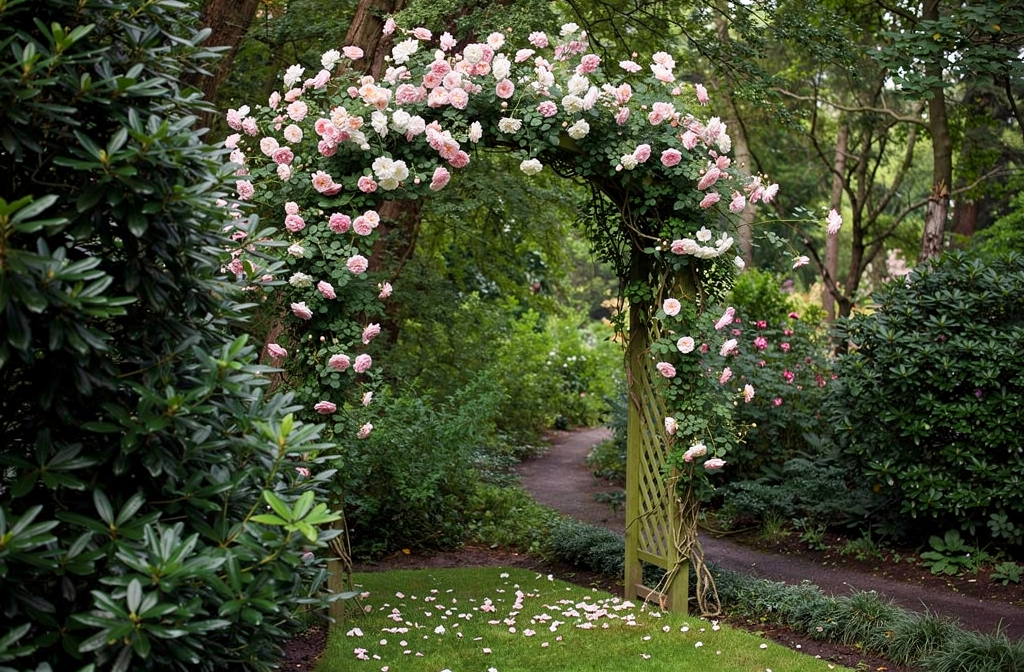 Arche florale en forme d’arc avec roses roses pâles, jardin ombragé, allée discrète et verdure dense autour. Aménagement jardin ombragé.