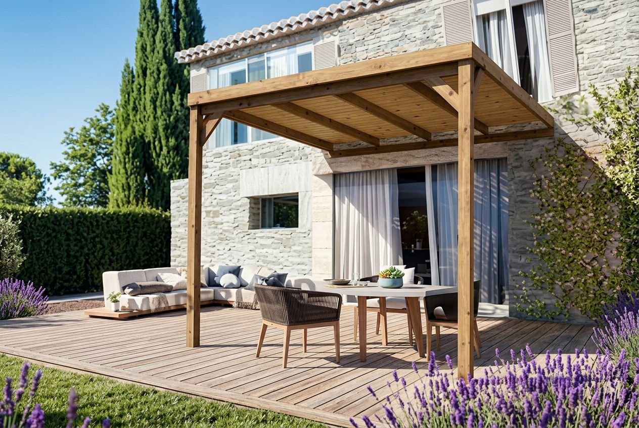 Avantages d'une pergola en bois: terrasse en bois avec pergola bioclimatique adossée à une maison en pierre, espace repas extérieur et canapés dans un jardin soigné.
