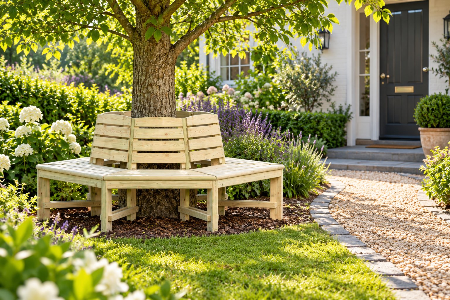Banc en bois en forme de L entouré de verdure et arbres dans un jardin près d’un chemin menant à la porte d’entrée.