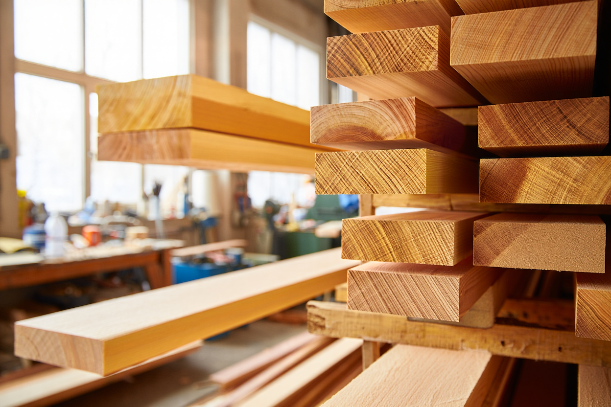 Bois de charpente empilé dans un atelier, prêt à être utilisé pour construire une roulotte sur une remorque.