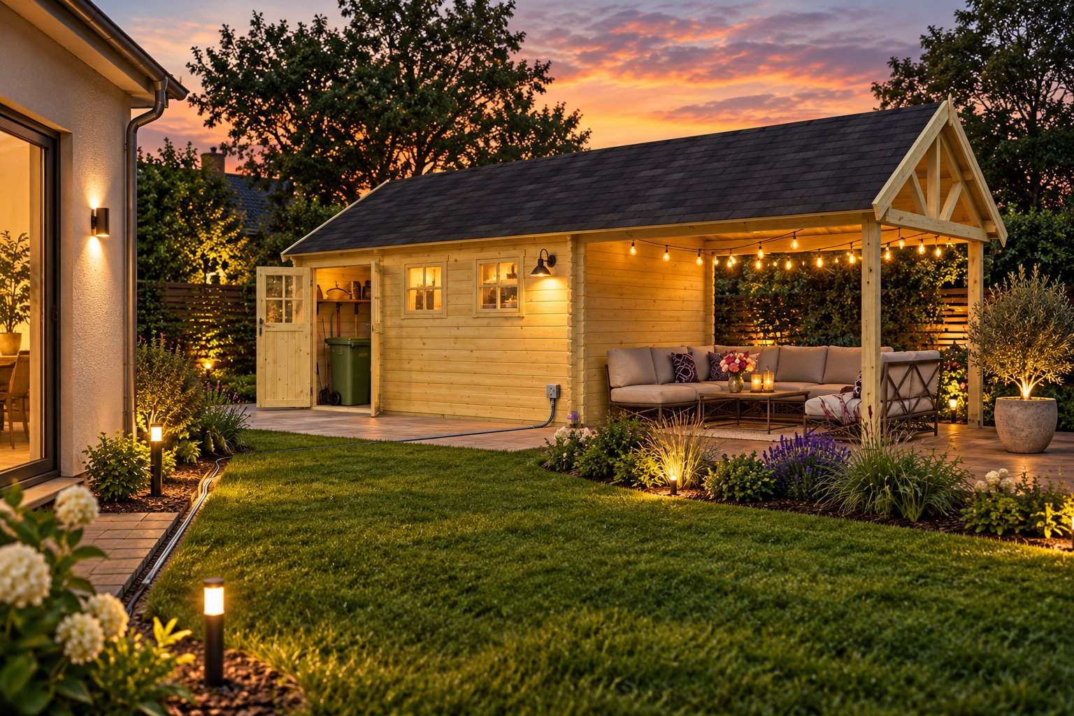 Cabanon en bois avec terrasse couverte et guirlandes lumineuses dans le jardin au coucher du soleil.