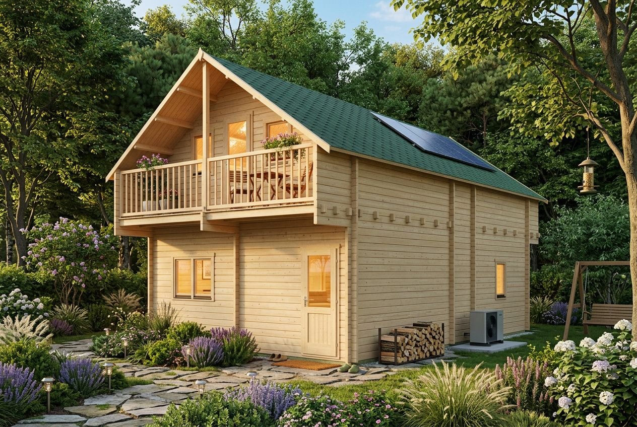 Chalet en bois habitable à deux étages avec balcon et toit vert dans un jardin verdoyant.