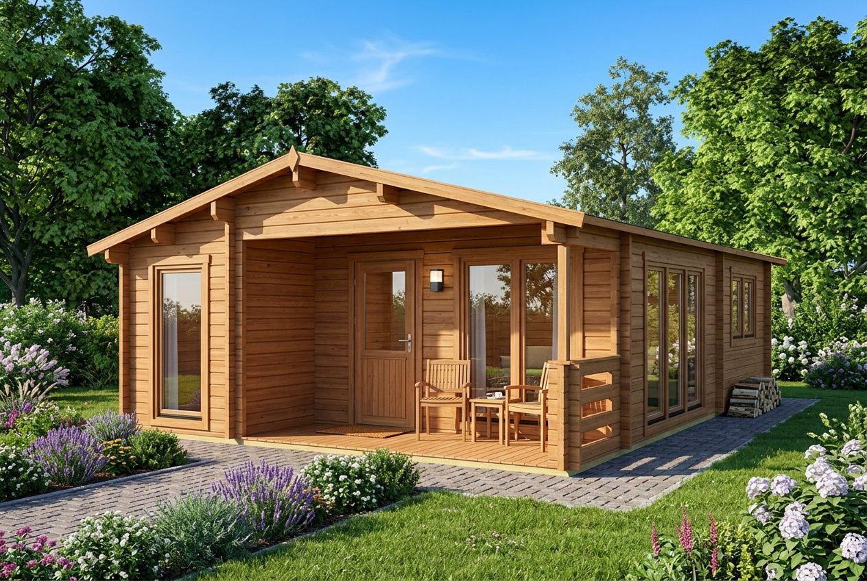 Chalet en bois habitable avec menuiseries conformes RE2020 dans un jardin verdoyant.