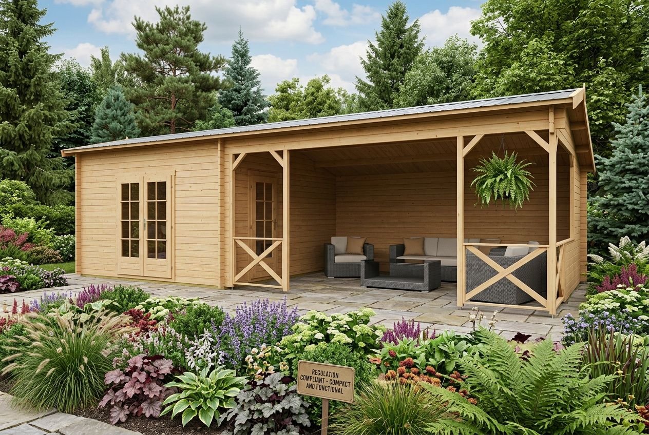 Chalet en bois habitable avec terrasse couverte, entouré de jardin et de charmantes plantations.