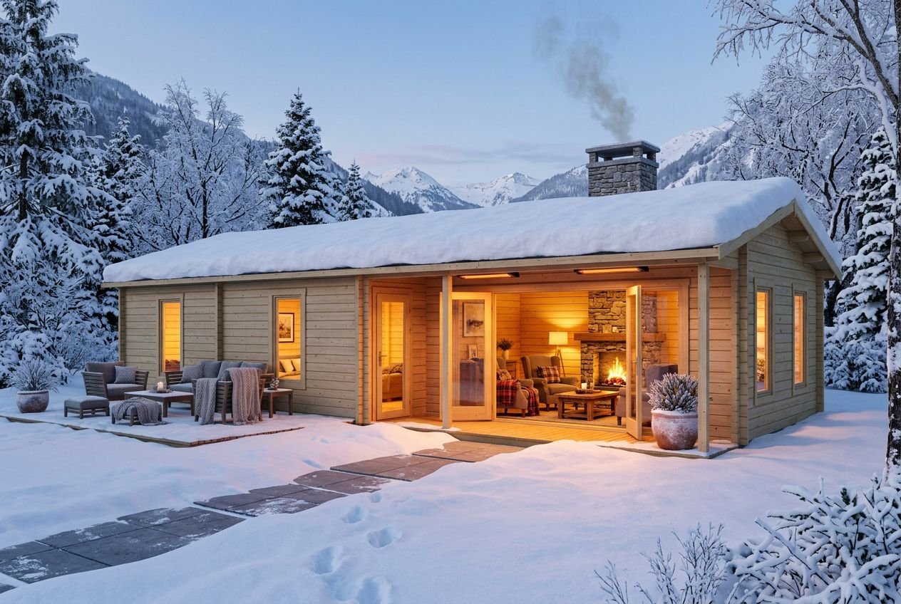 Chalet en bois habité dans la neige avec cheminée fumante et lumière chaleureuse à l’intérieur, extérieur éclairé, ambiance cosy. Chauffage chalet habitable bois.