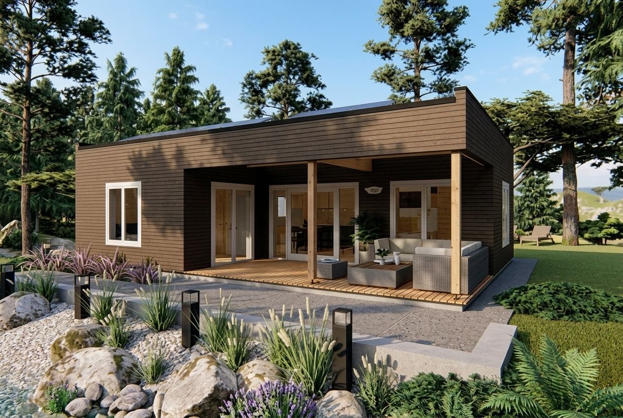 Chalet en bois RE2020 moderne avec terrasse couverte et bardage bois, intégré dans un jardin verdoyant avec des pins.