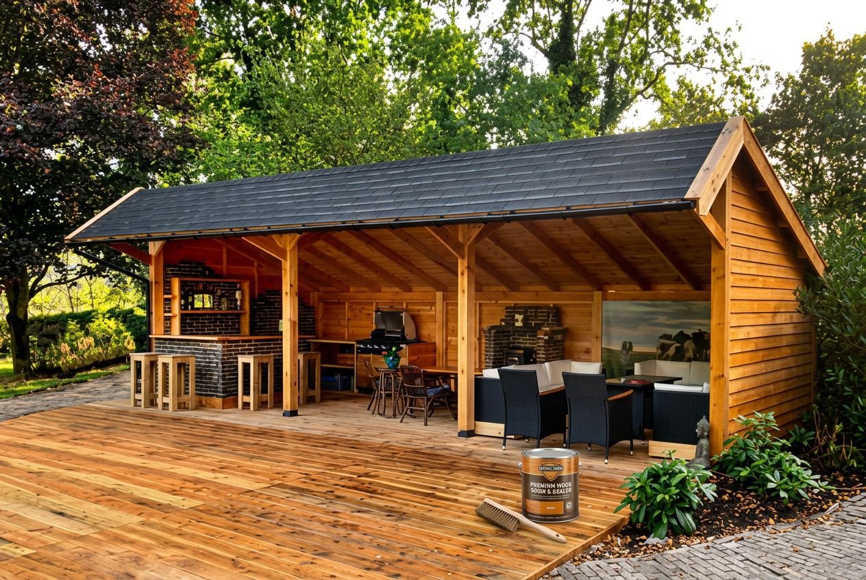 Chalet en bois avec terrasse, bois naturel et toit sombre, coin barbecue et meubles d'extérieur dans un jardin verdoyant. Comment protéger un chalet en bois.