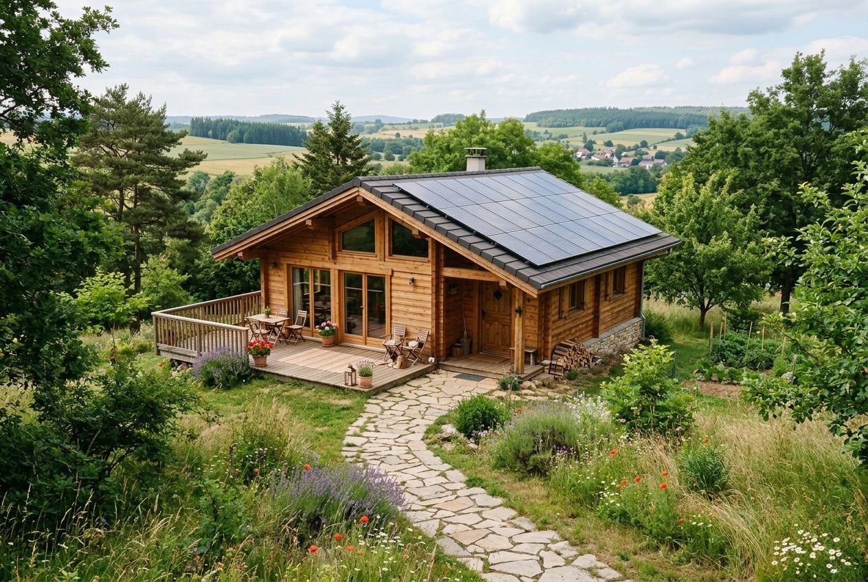 Chalet de jardin en bois avec toit solaire, entouré de verdure et fleurs, terrasse aménagée, chemin en pierre menant à l’entrée. Chalet de jardin est-il imposable.