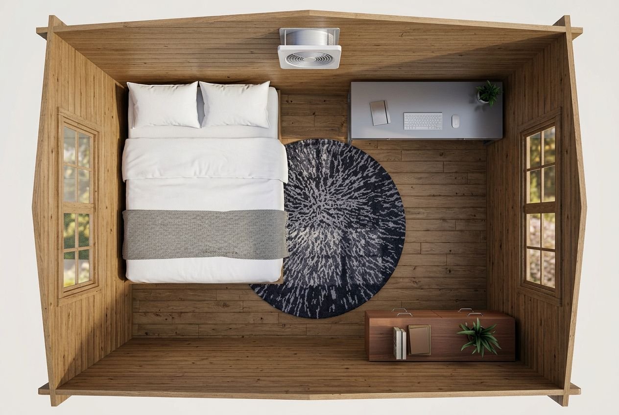 Chalet de jardin vu du dessus: lit avec drap et coussins, bureau avec ordinateur, tapis rond sombre, meuble de rangement et plante, ventilation au plafond. aeration chalet jardin