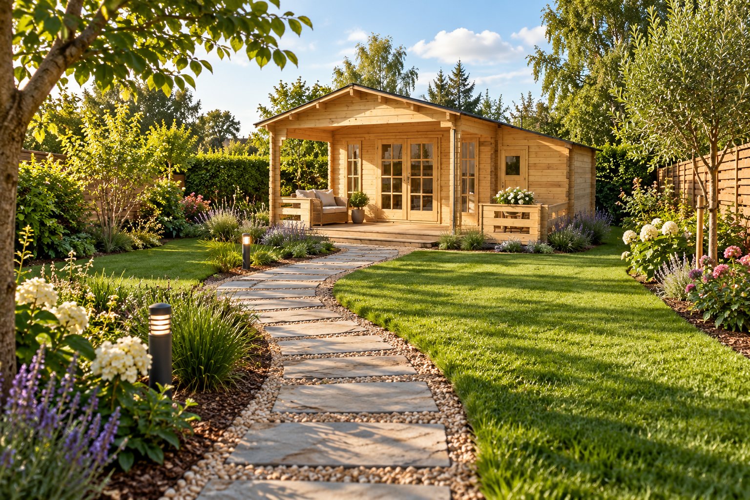 Chemin sinueux en pierres menant à une petite cabane en bois entourée de jardin éclatant de fleurs et d’herbes aromatiques.