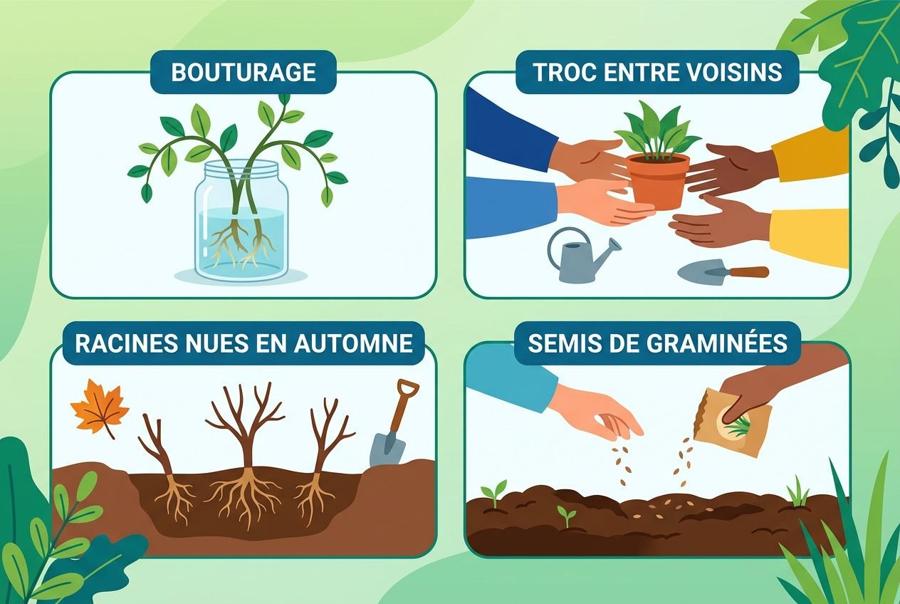 Comment aménager son jardin pas cher: illustration de gestes DIY pour petits jardins, bouturage, dons entre voisins, racines nues et semis de graines.