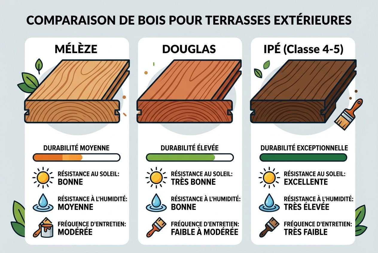 Comparaison de bois pour terrasses extérieures: Mélèze, Douglas et Ipé (Classe 4-5) avec durabilité et entretien détaillés pour une construction terrasse bois sur pilotis.
