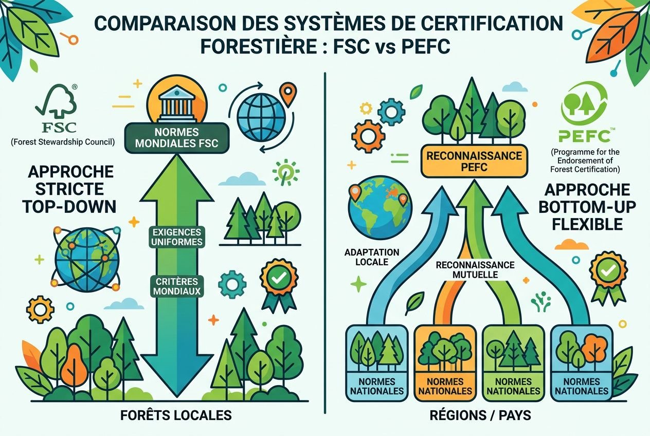 Comparaison des labels FSC et PEFC: infographie illustrant les approches strictes vs flexibles et la certification forêt locale à droite. bois certifié fsc pefc