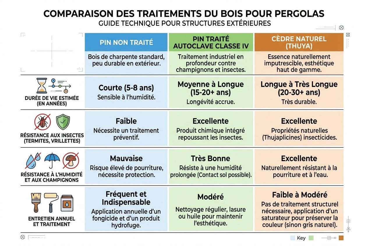 Comparaison des traitements du bois pour pergolas : vue d’ensemble des colonnes et rangées de codes couleur, avec icônes illustratives. Avantages et durées estimées, résistance et entretien selon trois types de bois.