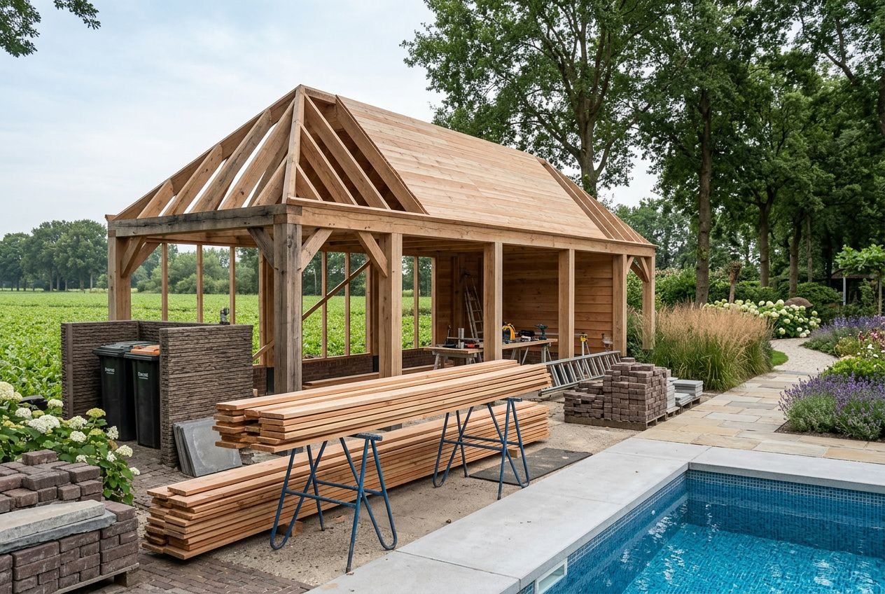 Construction poolhouse bois en cadre ouvert avec toit en chevrons, planches de bois empilées à côté et piscine à proximité.