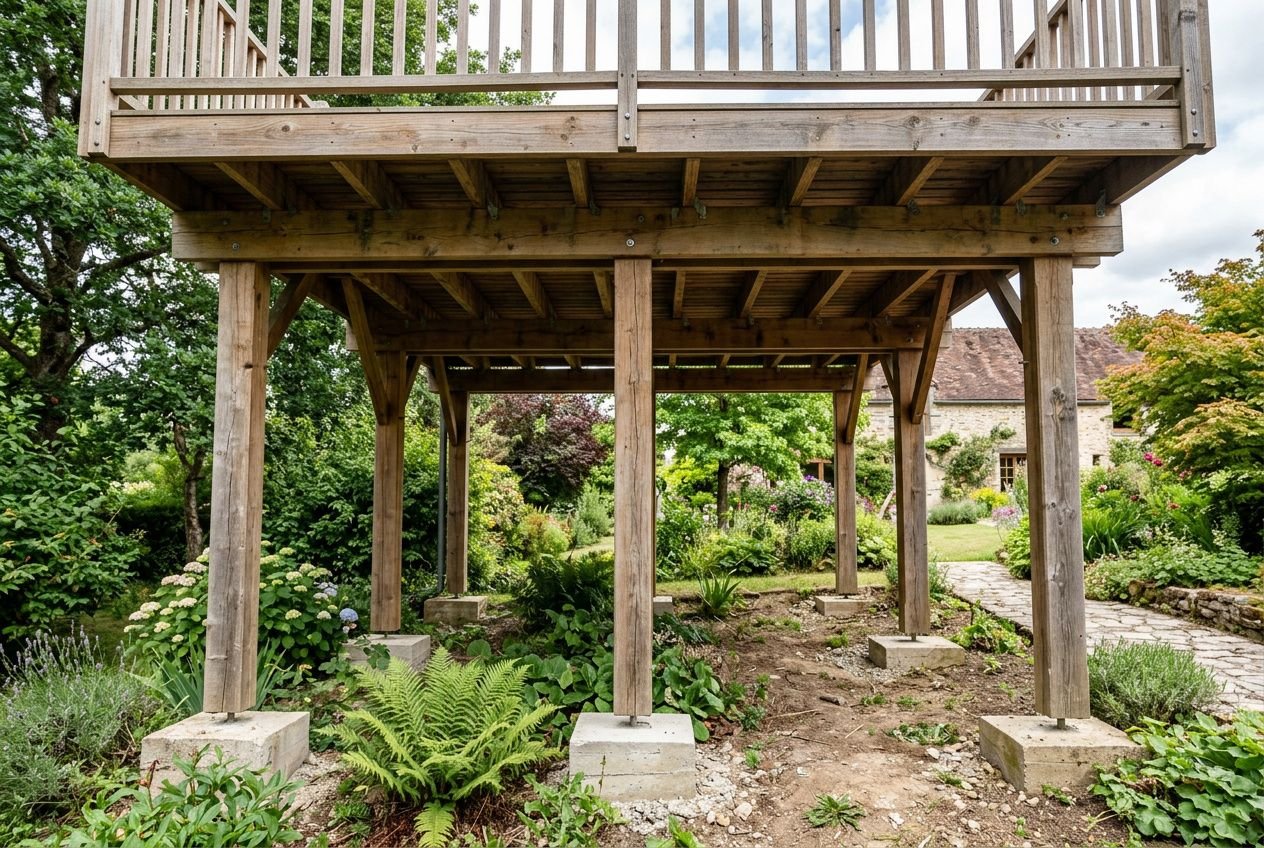 Construction terrasse bois sur pilotis : sous-structure en bois soutenue par pilotis et poteaux dans un jardin, avec verdure et plantes.