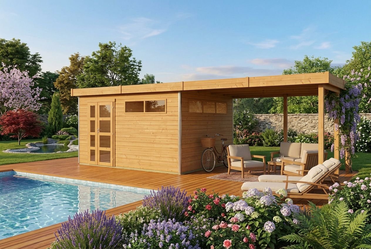Construction terrasse bois piscine: terrasse en bois autour d'une piscine avec abri et mobilier, jardin fleuri et espaces détente.